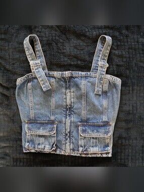 ZARA Denim Corset Crop Top Zip-Front Cargo Bustier Med Wash Size M NWT